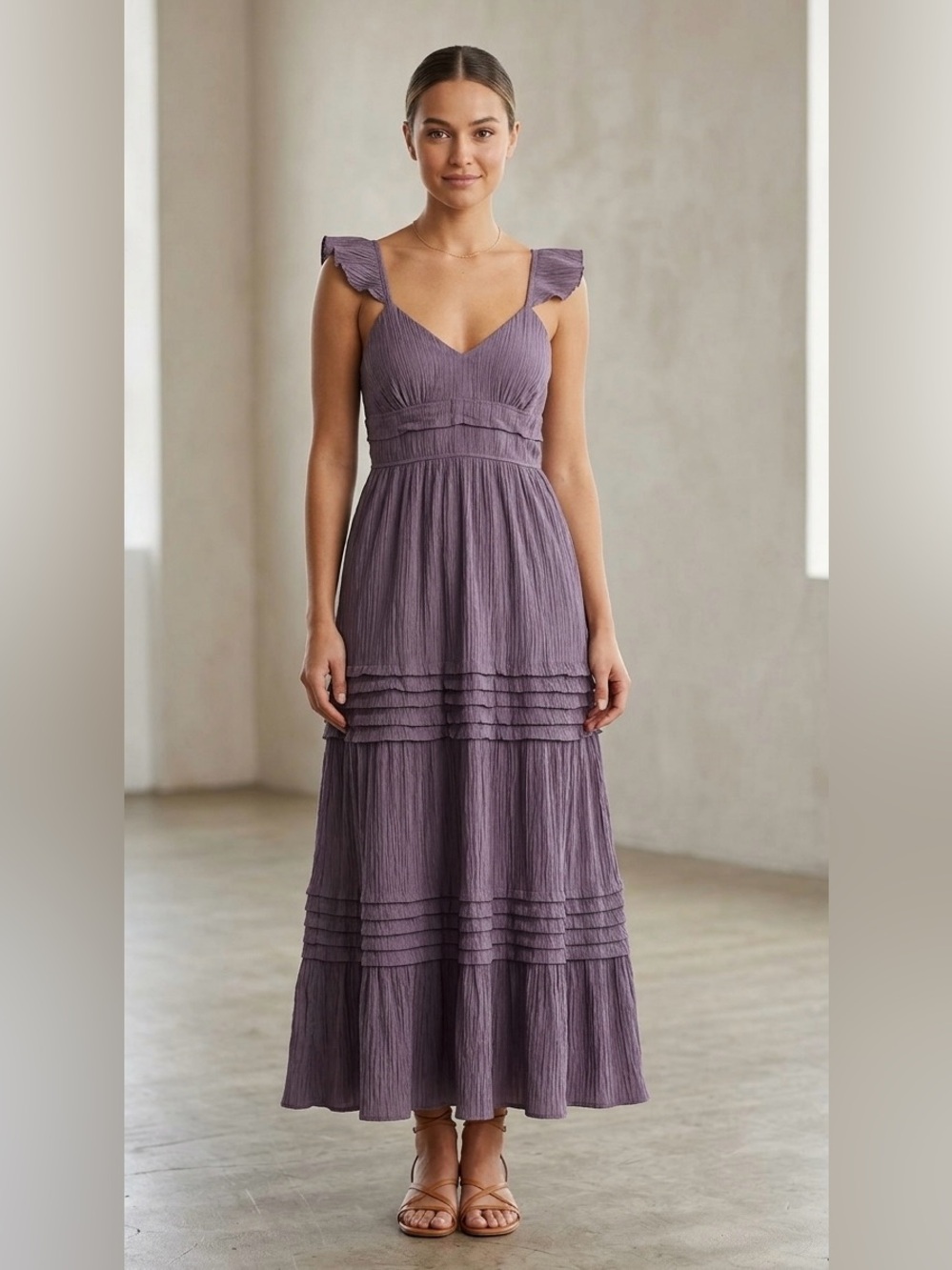 Max + Ash Purple Plisse Ruffle Maxi Dress Wedding Guest Formal Boho Size S